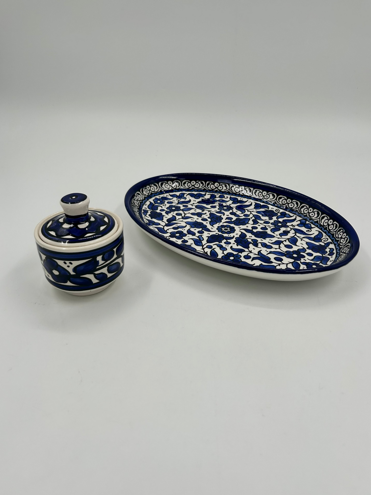 Large serving dish and jar with lid - royal blue