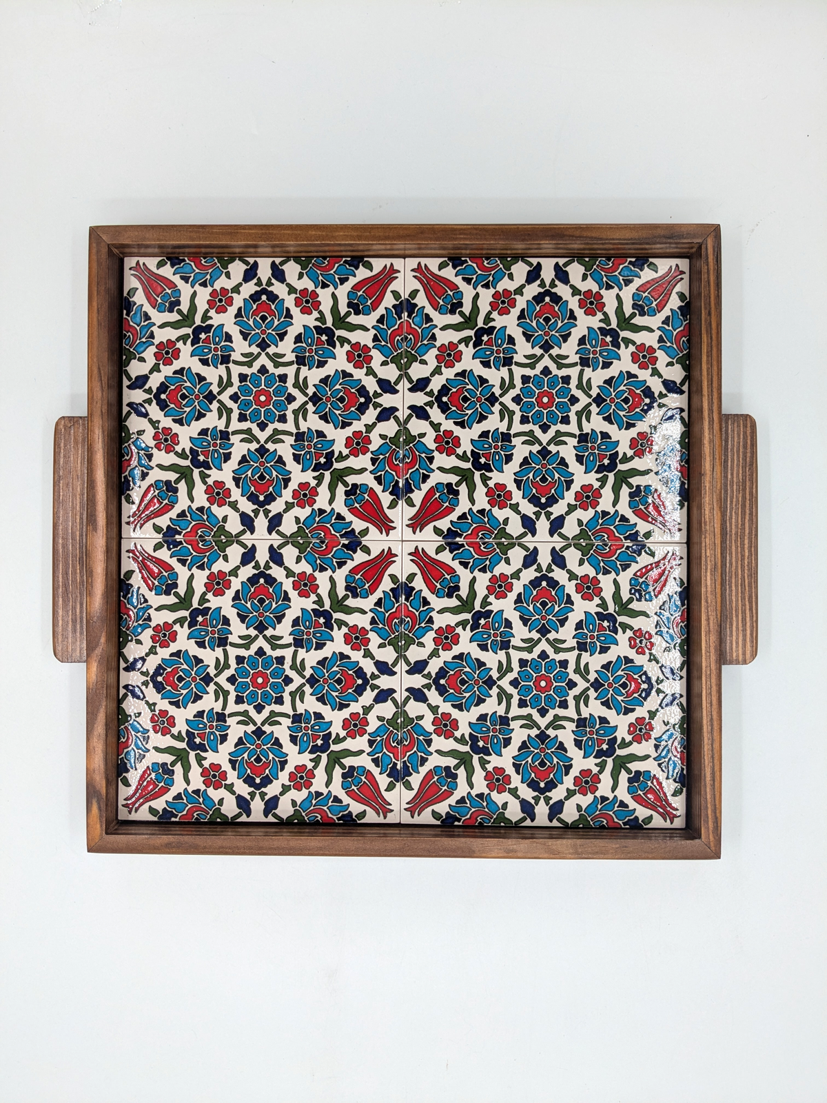 Handmade serving tray from Palestine - red/blue floral